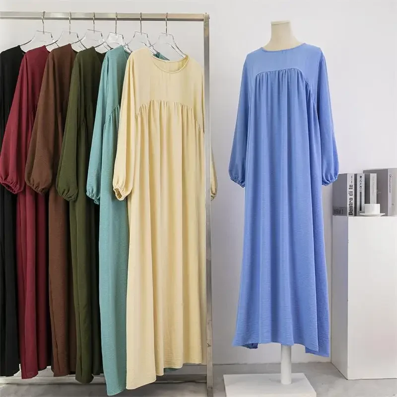 Wiosna Jesień Muzułmańska Sukienka Kobiety Luźne Sukienki Maxi Moda Damska Pełna Rękaw Casual Solidne Kieszenie Szata Długie Sukienki Vestidos — zdjęcie 2