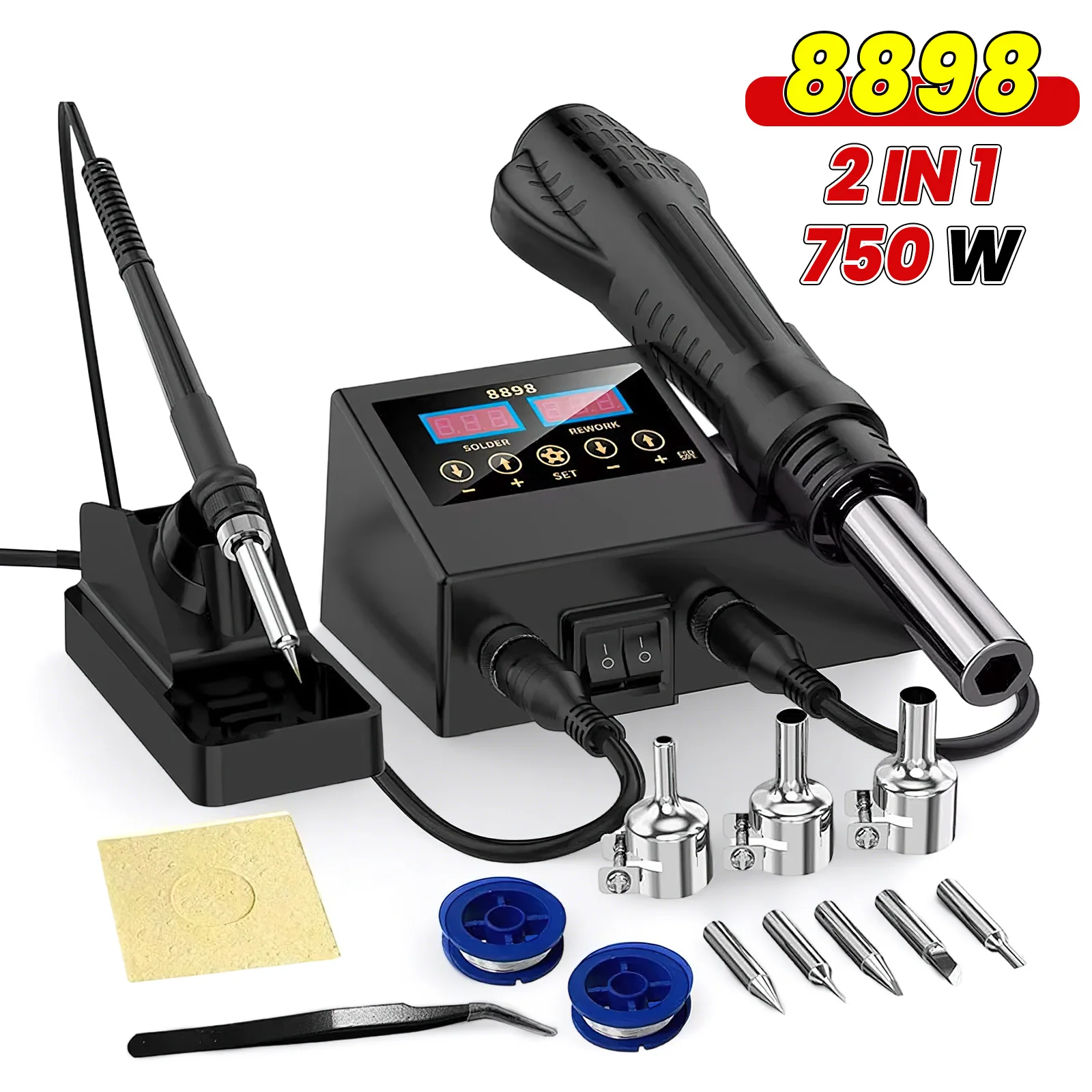 Station de soudage 2 en 1, affichage numérique, pistolet à Air chaud, retouche de soudage pour téléphone portable, BGA SMD PCB IC, réparation outils de fer à souder, 8898