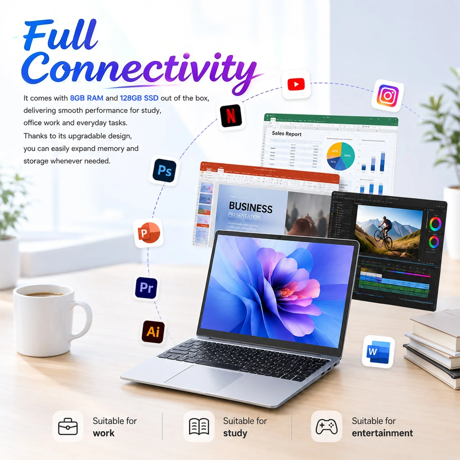 Brand New 14.1 Inch Laptop Intel Celeron N3450 8GB RAM 128GB SSD FHD 1920x1080 Notebook Windows 10 Pro WiFi Dual Band Bluetooth 5.2 Lightweight Portable Computer for Student Office Business Home France Stock Multi Language System Laptop Duty Free Shop