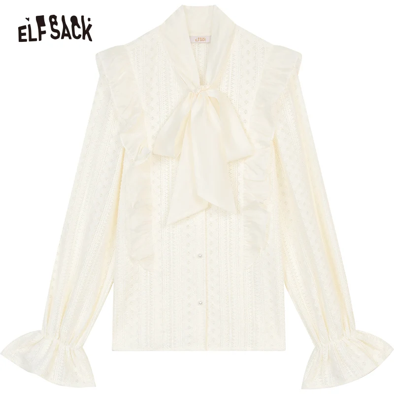 ELFSACK 2025 Spring New Arrivals French bow tie white lace blouse for women Korean sweet Flare Sleeve top