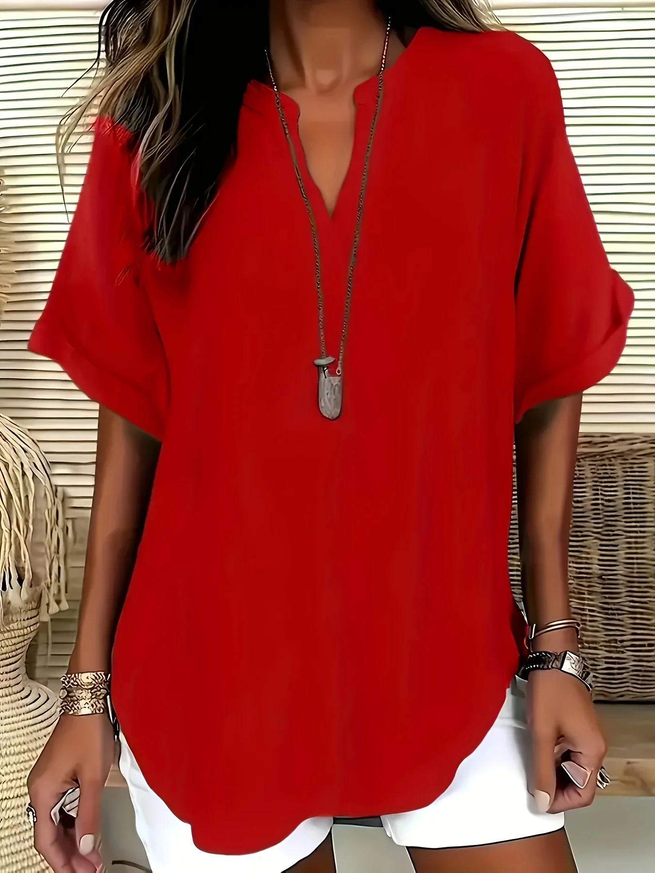 Elegant plus Size Ladies Solid Color Top Fashion V-Neck Short Sleeve Shirt Stylish Casual Wear for Women image 6