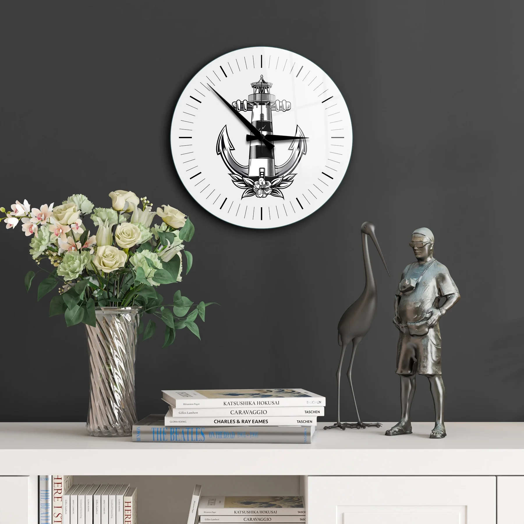 Glass Wall Clock Lighthouse with anchor symbol Round 30 x 30 Cm Nordic Wall Clock Christmas Gift Home Living Room Bedroom Silent