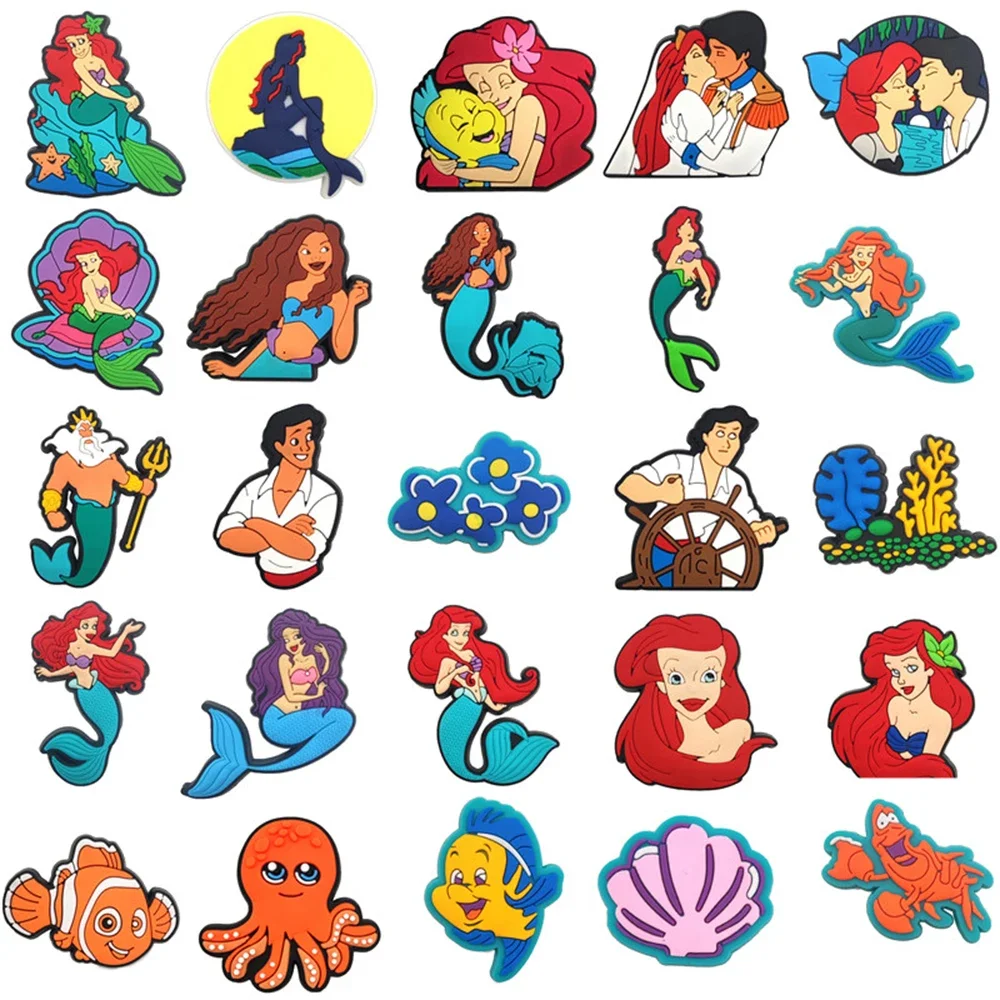 8-27 pièces/ensemble série princesse sirène Disney pour breloques de chaussures de dessin animé, accessoires adaptés aux chaussures/bracelets, sabots classiques, cadeaux pour enfants