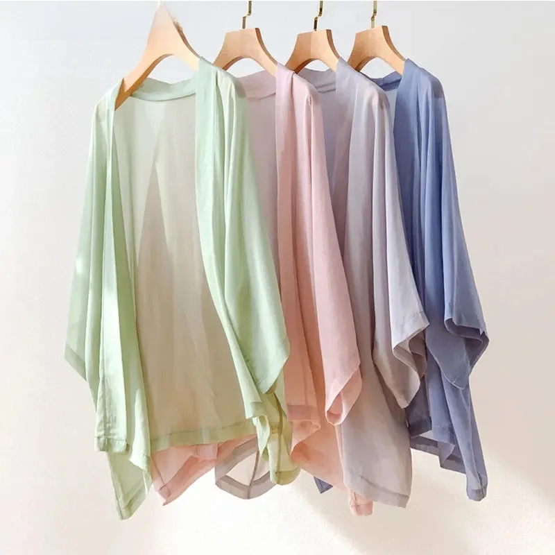 Kobiety jedwabny sweter 100% naturalny jedwab cienki luźny, typu niebieski krem do opalania Kimono płaszcz szal bluzka koszula lato okrycie plażowe MM817 — zdjęcie 2