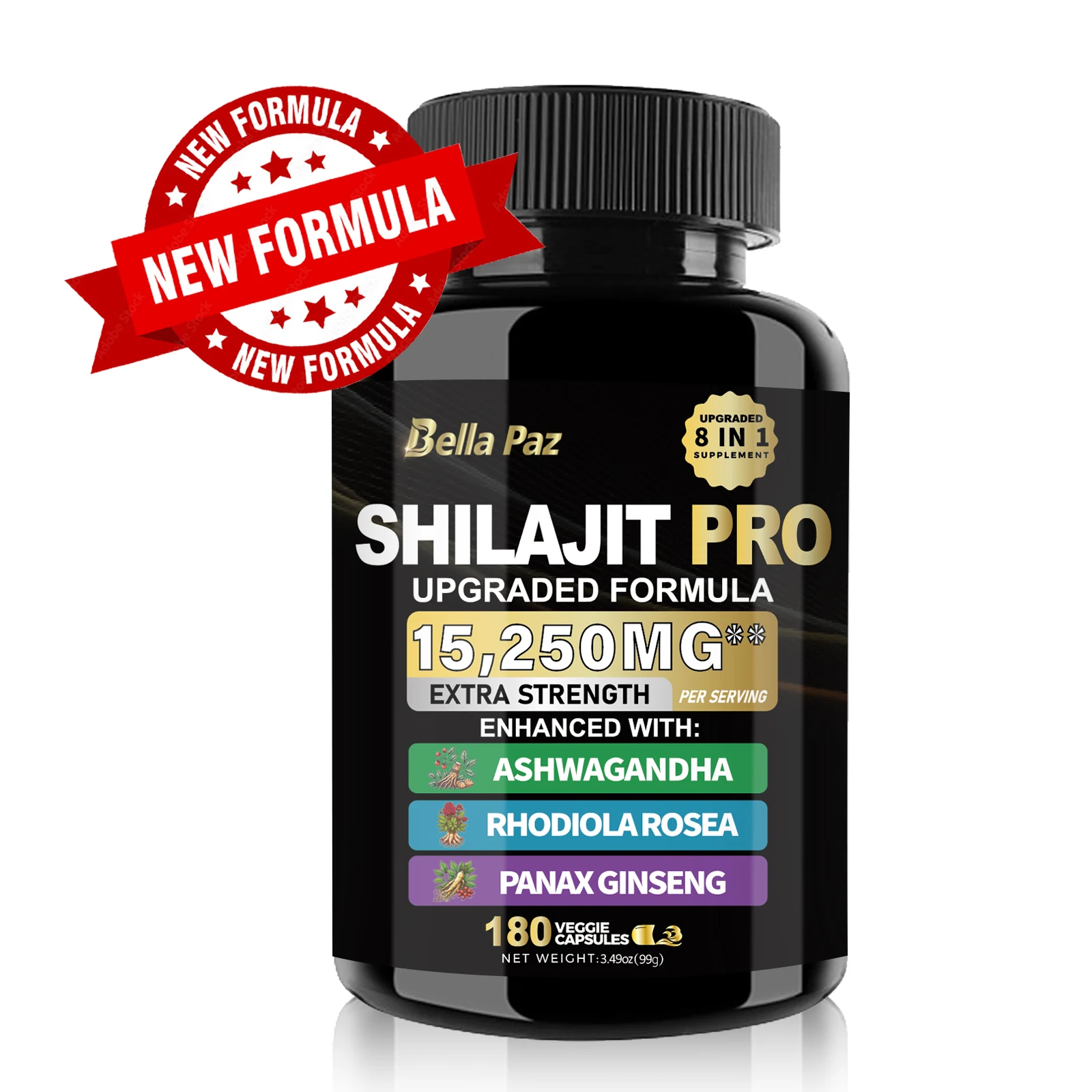 BellaPaz Shilajit Nature's Synergy 8-in-1 Formula: Shilajit, Ashwagandha, Rhodiola & More in One Capsule for Holistic Wellness