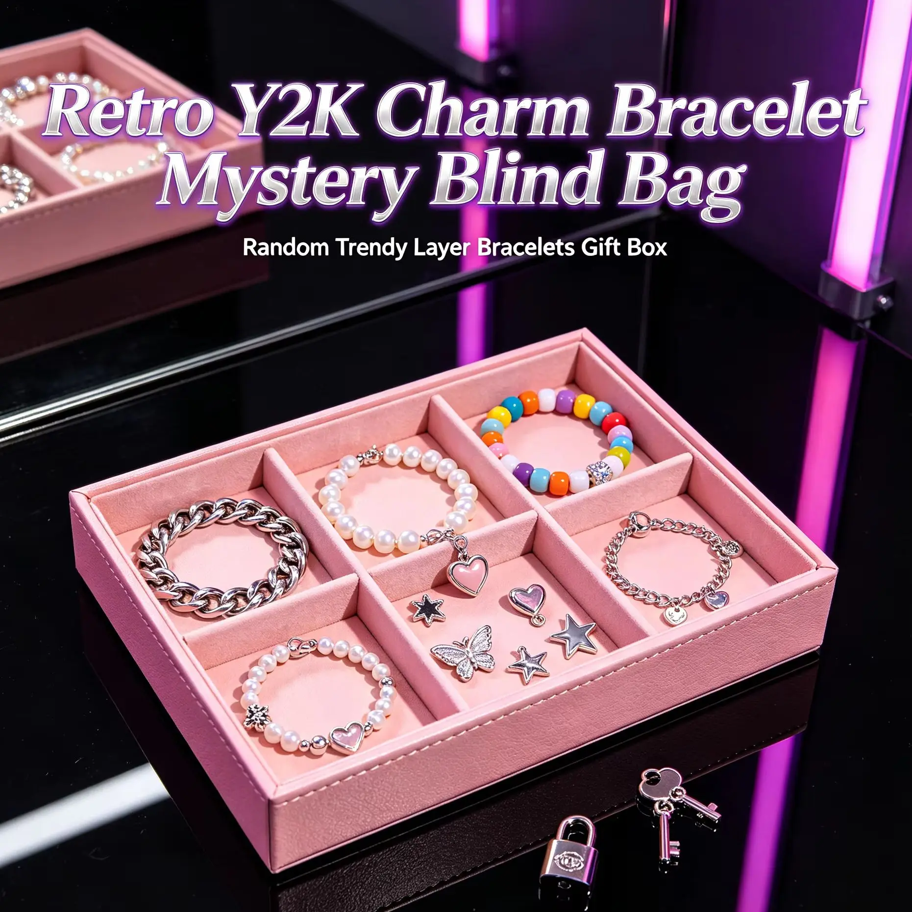Retro Y2K Charm Bracelet Mystery Blind Bag Random Trendy Layer Bracelets Gift Box