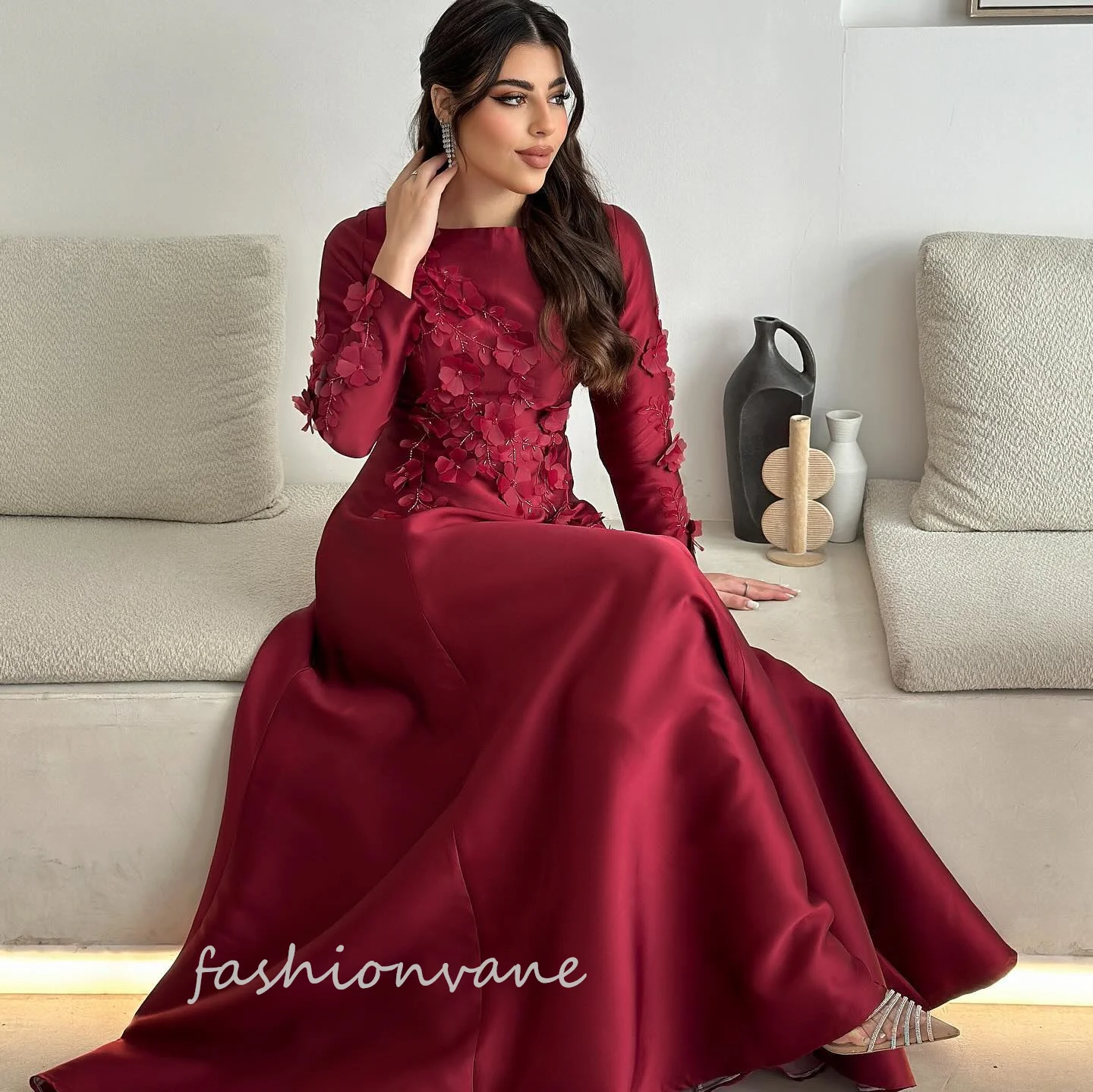 

Fashionvane Wine Red Prom Dresses Floral Beaded Satin Floor Length Evening Party Dress Sexy Vestidos Para Eventos Especiales