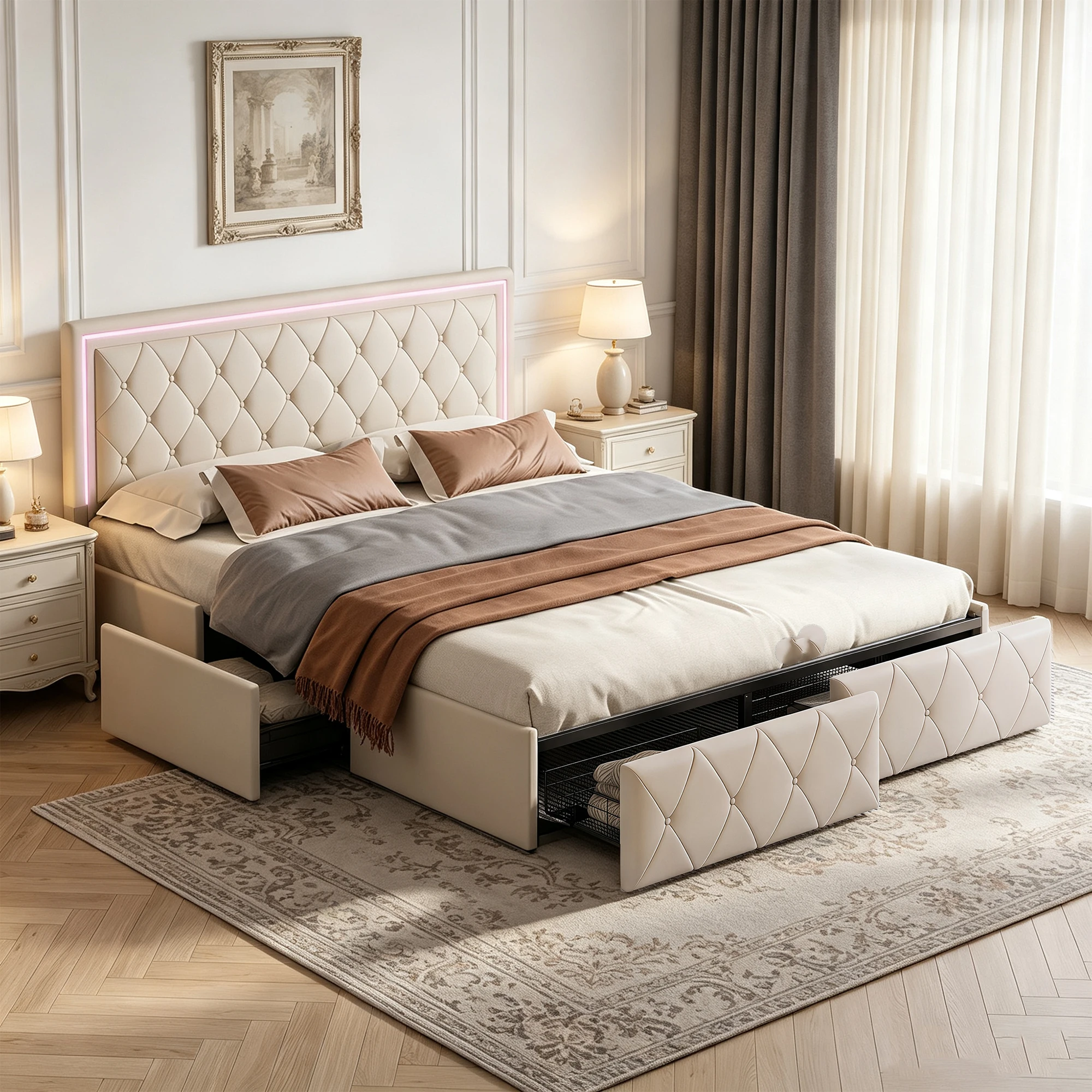 Letto imbottito Superaly, dimensioni 140x200 cm, con 4 cassetti, letto matrimoniale, letto con contenitore, struttura letto con doghe e testiera regolabile, letto per ragazzi, rivestimento in PU,