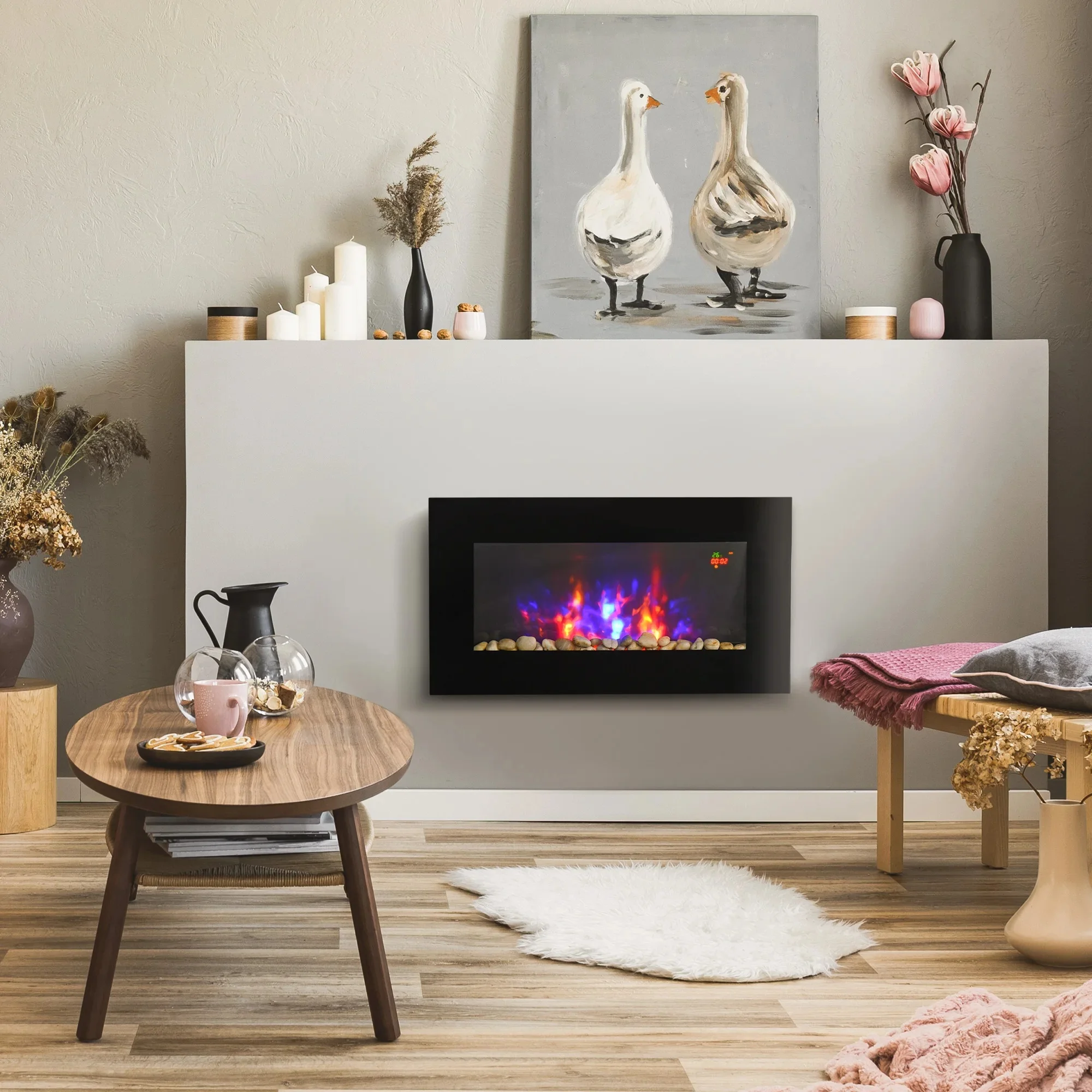 HOMCOM Chimenea eléctrica con efecto de llama LED, chimenea de pared de 1000/2000 W, montaje en pared