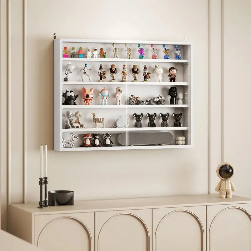 Vitrine murale pour objets de collection 5 étagère réglables en hauteur et 2 portes coulissantes 80 x 9,5 x 60 cm blanc
