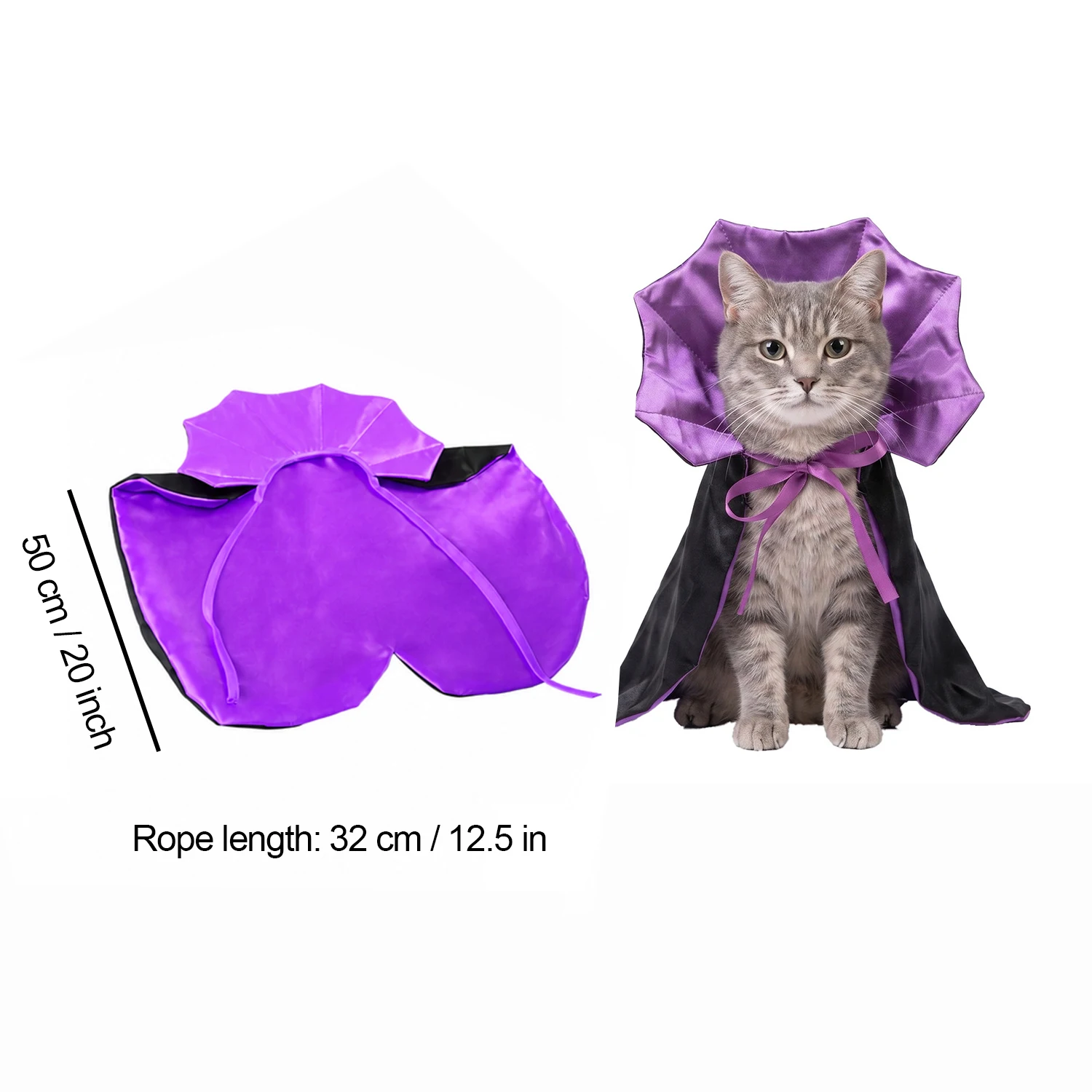Halloween-Vampirumhang für Hunde und Katzen, lila Zaubererumhang als Haustierkostüm mit verstellbarer Krawatte, gruseliges Verkleidungs-Outfit. – Detail 6