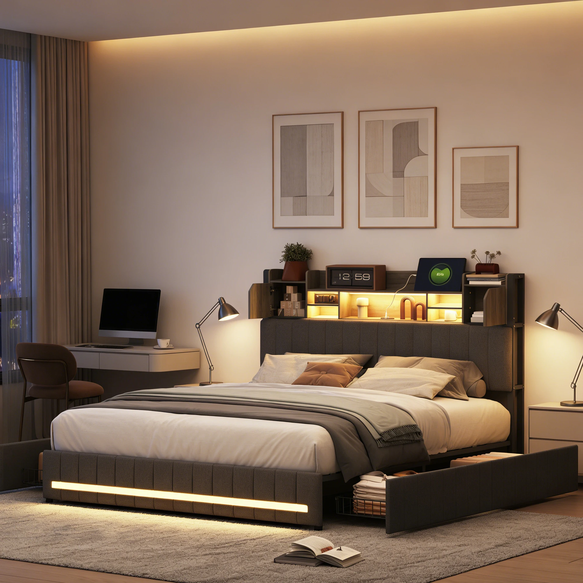 Dubbel gewatteerd bed met 4 lades, gewatteerd hoofdeinde, opbergvak, met LED en USB-oplader, lijnzaad, grijs