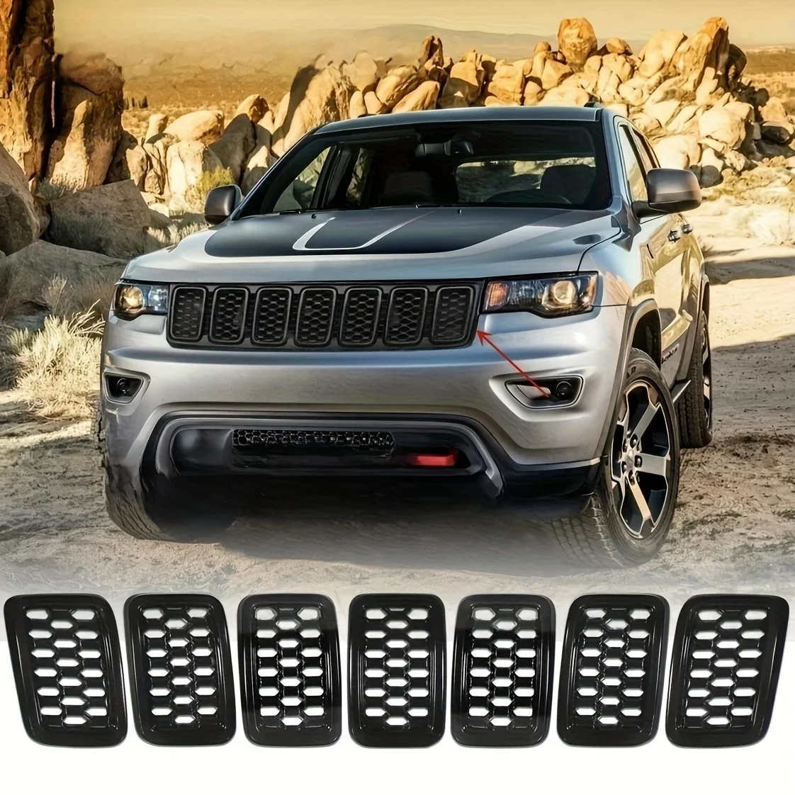 Błyszczący czarny/chromowany do Jeep Grand Cherokee 2017 2018 2019 2020 2021 Kratka przedniego zderzaka o strukturze plastra miodu Osłona grilla Wykończenie Dekoracja — 2