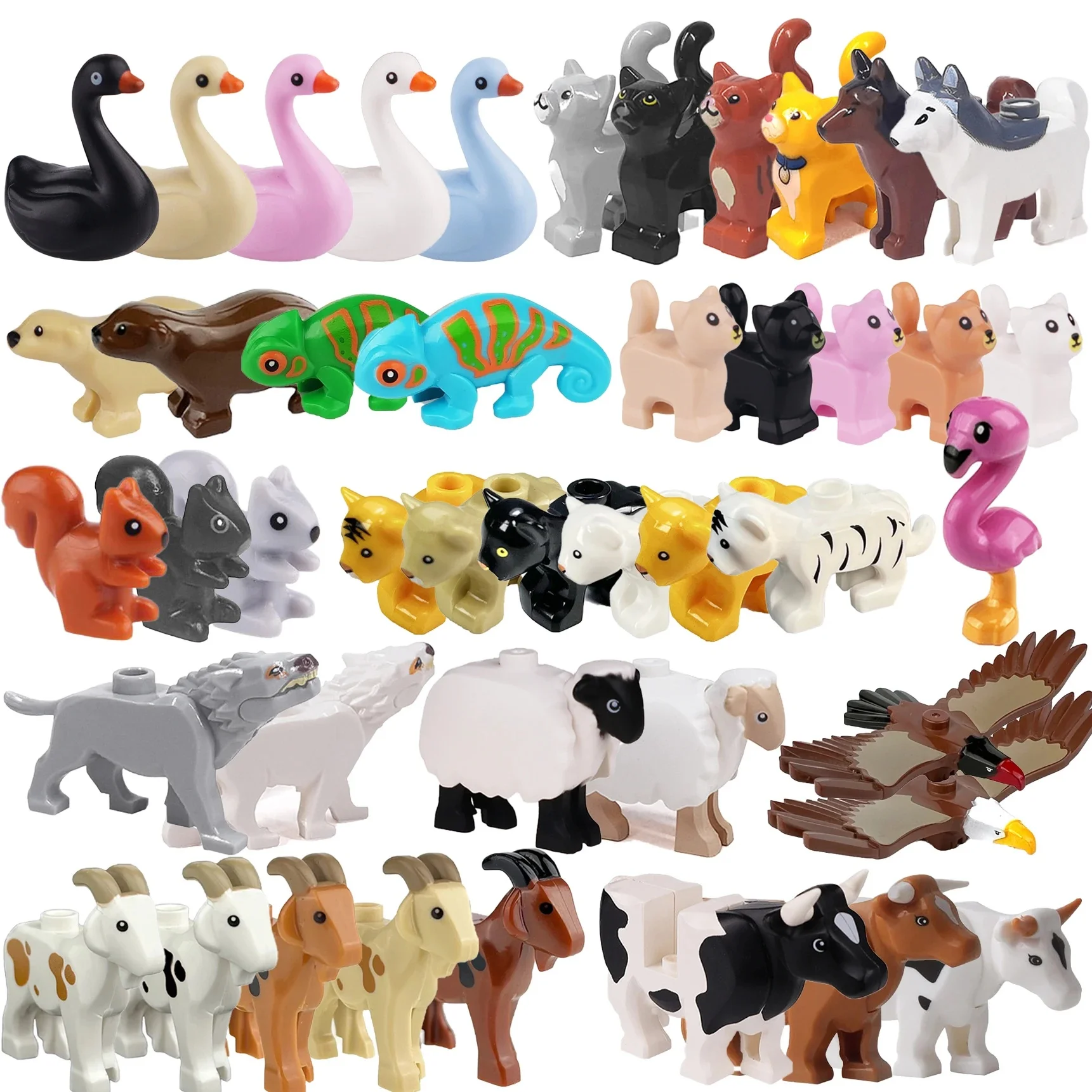 MOC – blocs de construction d'animaux, mouton, chèvre, loup, vache, chien, chat, Rat, écureuil, Panda, ours, tigre, cygne, serpent, élan, cerf, jouets en briques, cadeau