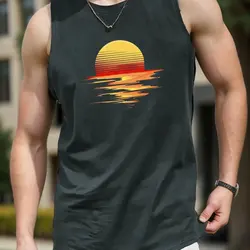 Summer New Men's Vest T-shirt Sun Sunset Print Round Neck Vest Daily Fitness Sports Comfortable And Breathable Daily Men's Vest