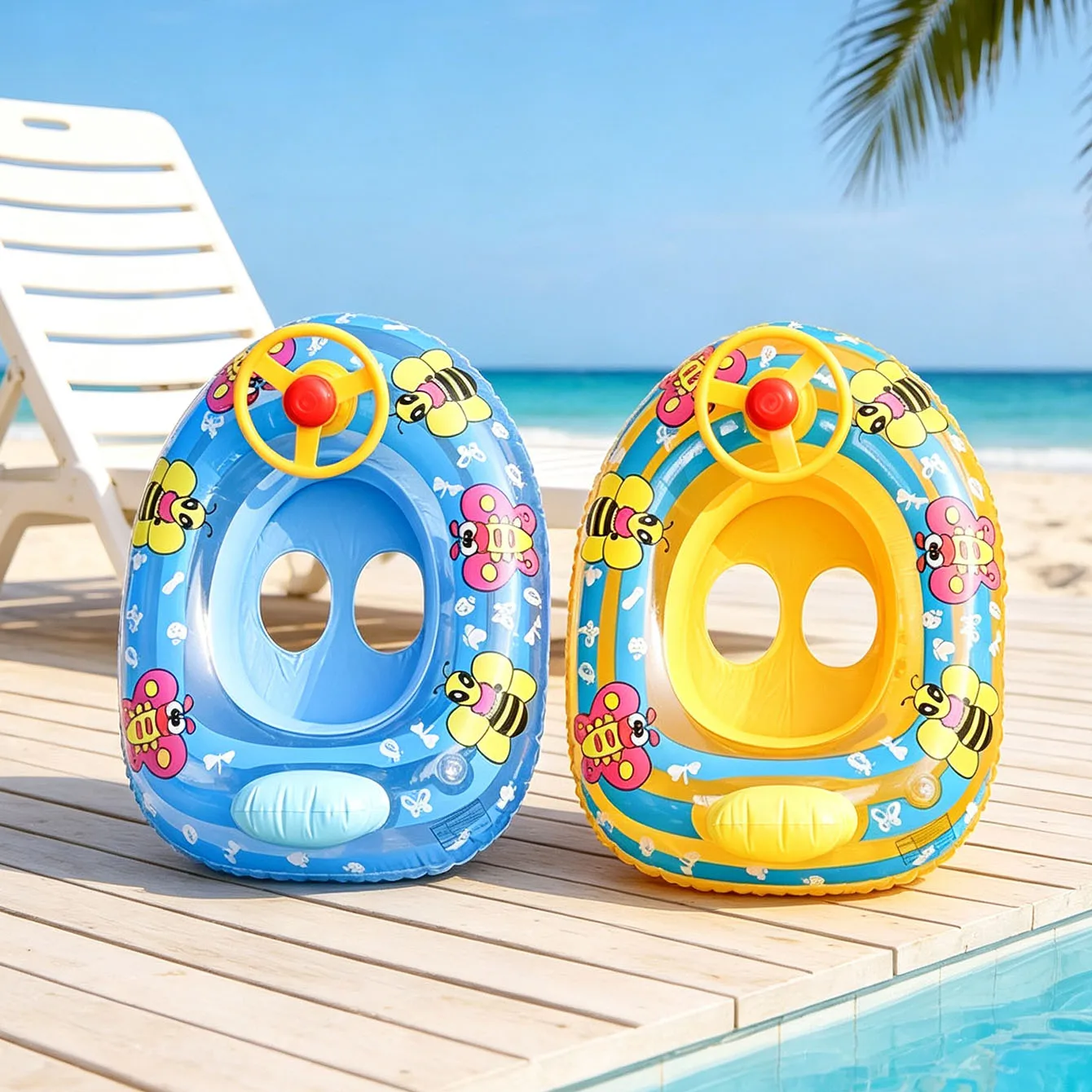 1PC Inflatable Pool Float Swimming Ring Seat with Steering Wheel, Bee Butterfly Print, Dual Leg Openings, Summer Water Float