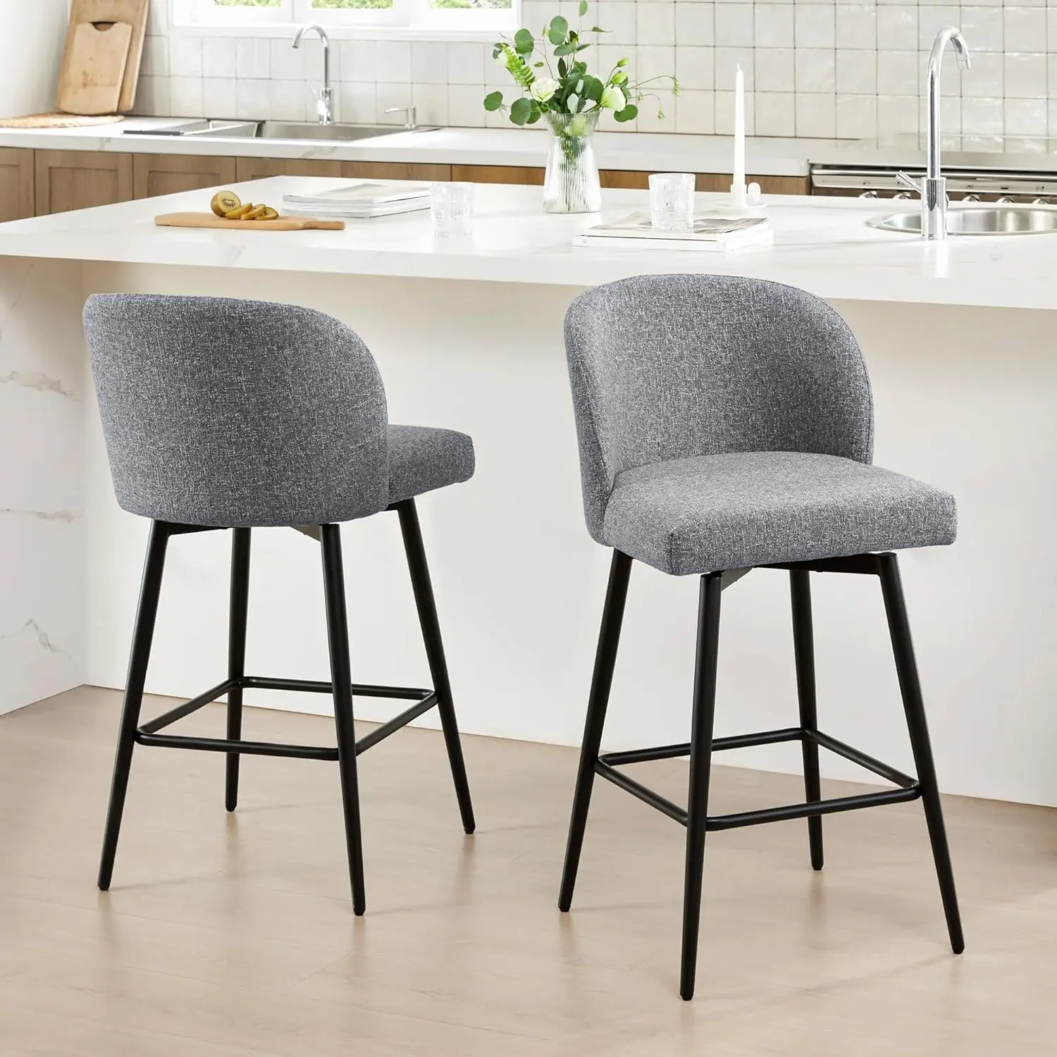 Counter Height Bar Stools Set of 2, 360° Swivel Upholstered Barstools with Backs and Metal Legs, 26" H Seat Height