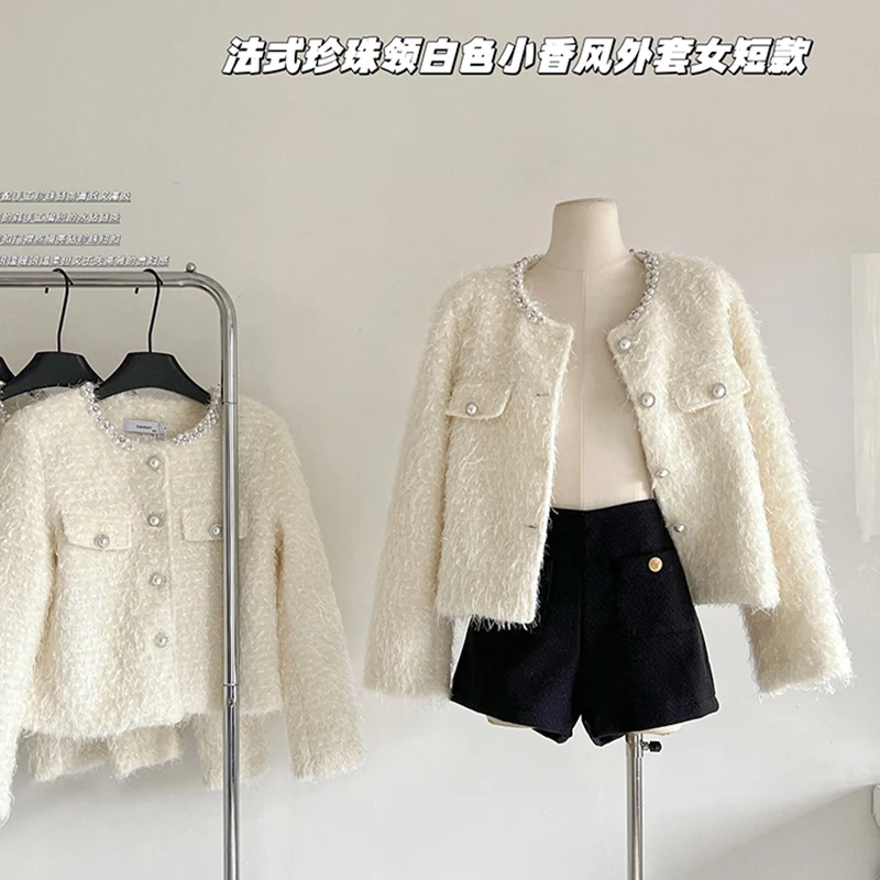 

Women Chic New O Collar Short Coat Cardigan Autumn Ladies Fashion Pearl Design Long Sleeve Loose Warm Casual Coat