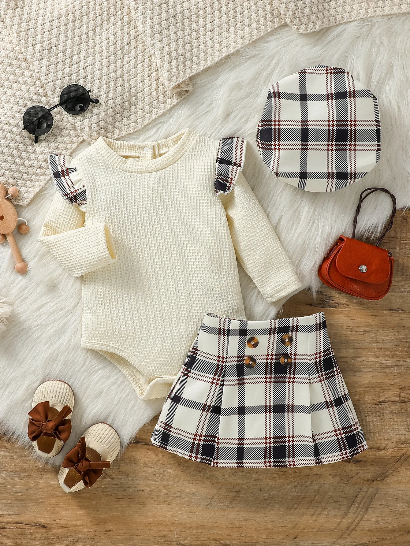 3Pcs 6-18M 2024 Baby girl casual and cute autumn Long Sleeve solid top plaid skirt+Hat For OutDoor Streetwear Clothes