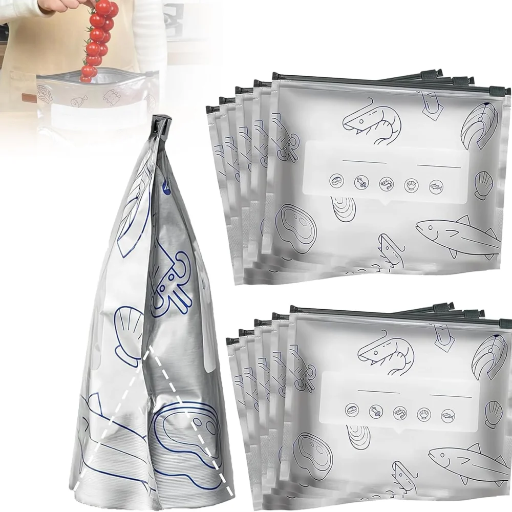 Bolsas de conservación selladas reutilizables, bolsas autoselladas de papel de aluminio con etiquetas y cremalleras, adecuadas para carne, verduras