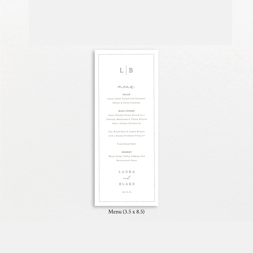 Personalized wedding menu, monogram and border, customizable wedding table menu