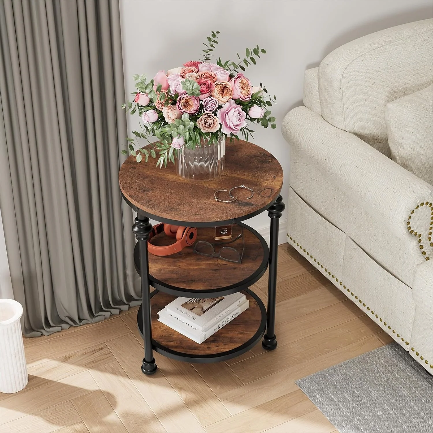 Table d'appoint ronde à 3 niveaux de style industriel vintage et table basse à structure métallique avec compartiments gain de place, style colonne romaine, pour salon et chambre, couleur classique