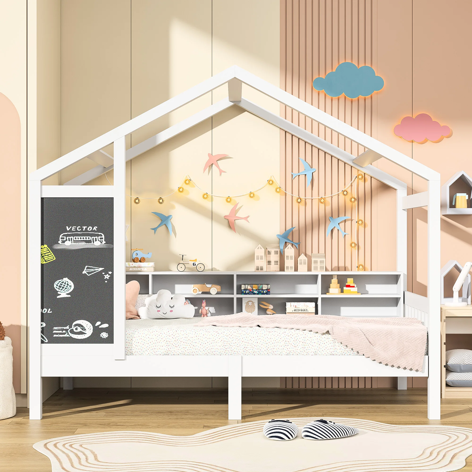 Kinderhaus bett 90x200 cm, Holzbett mit Tafel und Stauraum, Massivholz mit Lattenrost, (ohne Matratze)