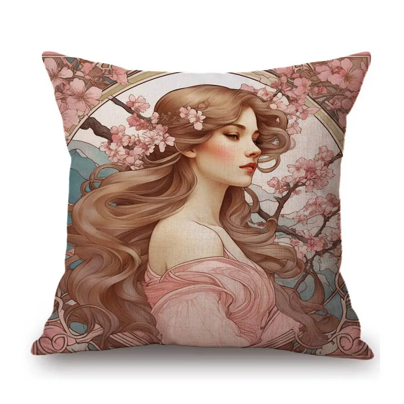 Mucha Style Floral Princess Girl Pink Purple Blue Pretty Flower Daughter Room Decoration Sofa Pillow Case Spring Cushion Cover