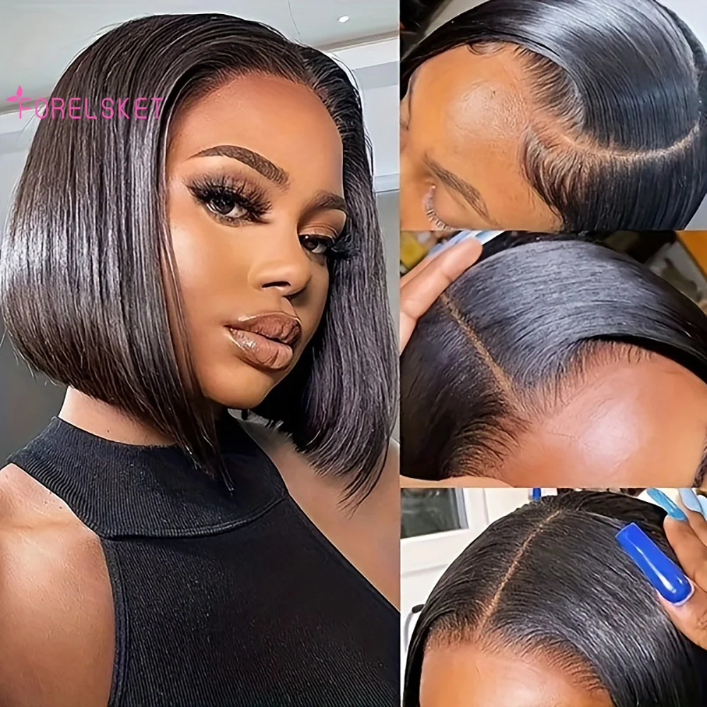 FORELSKET Wear-and-Go Bleached Knots Silk Base 8*5 Pre-Cut Lace Straight Bob Wig 100% Human Hair Wig Easy Install