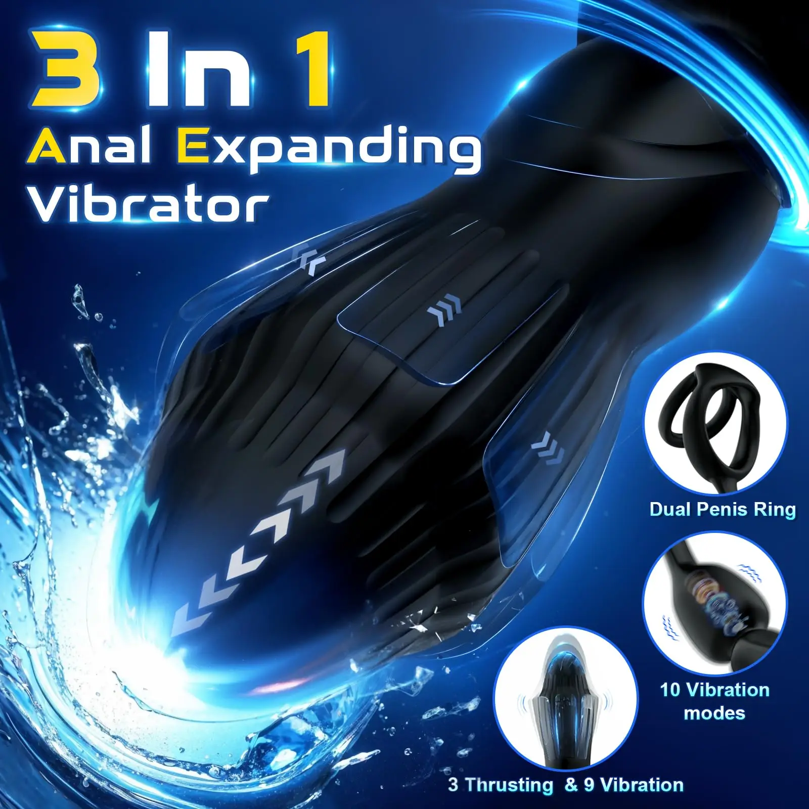 Thrusting Prostate Massager with Expanding Anal Vibrator, 3 Thrust Modes, 9 Vibration Settings & Penis Rings for Men 3-in-1 Toy.