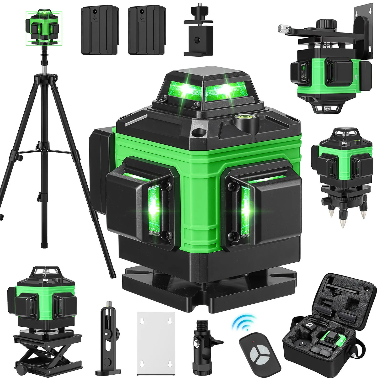 Livella Laser Verde 3D a 16 Linee Autolivellante, Alta Precisione ±1/9'', 4 ° Lampada USB Ricaricabile per Compensazione Luce, Adatta per Piastrelle/Soffitti/Edilizia