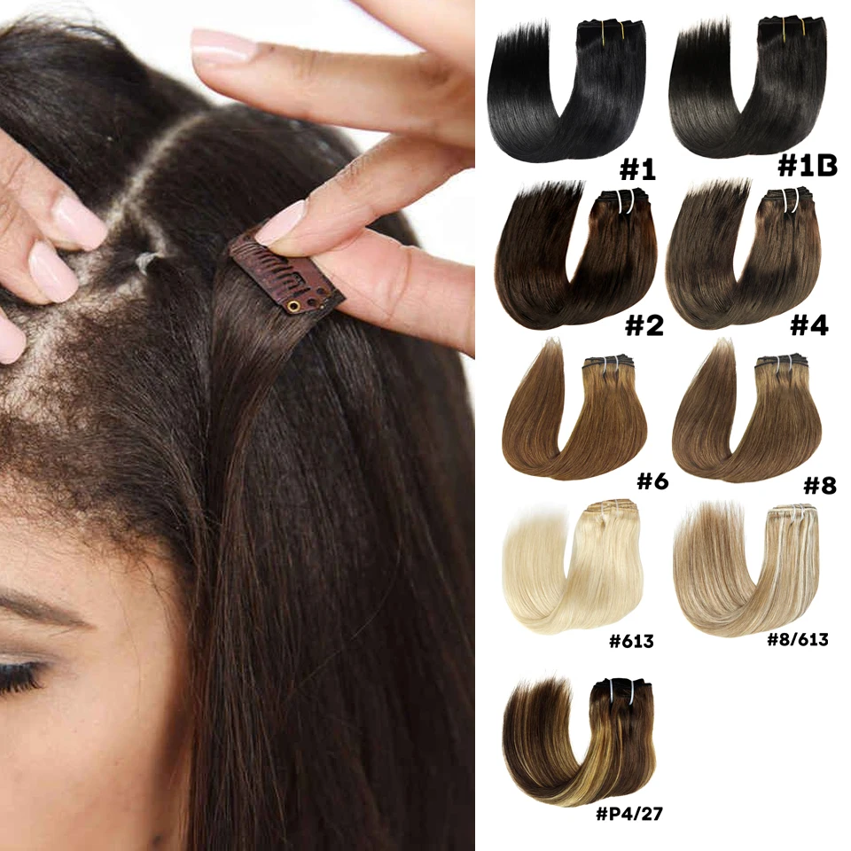 

Накладные пряди для волос на клипсах из натуральных человеческих волос, темно-коричневые, прямые, бразильские, 16-26 дюймов, натуральный цвет