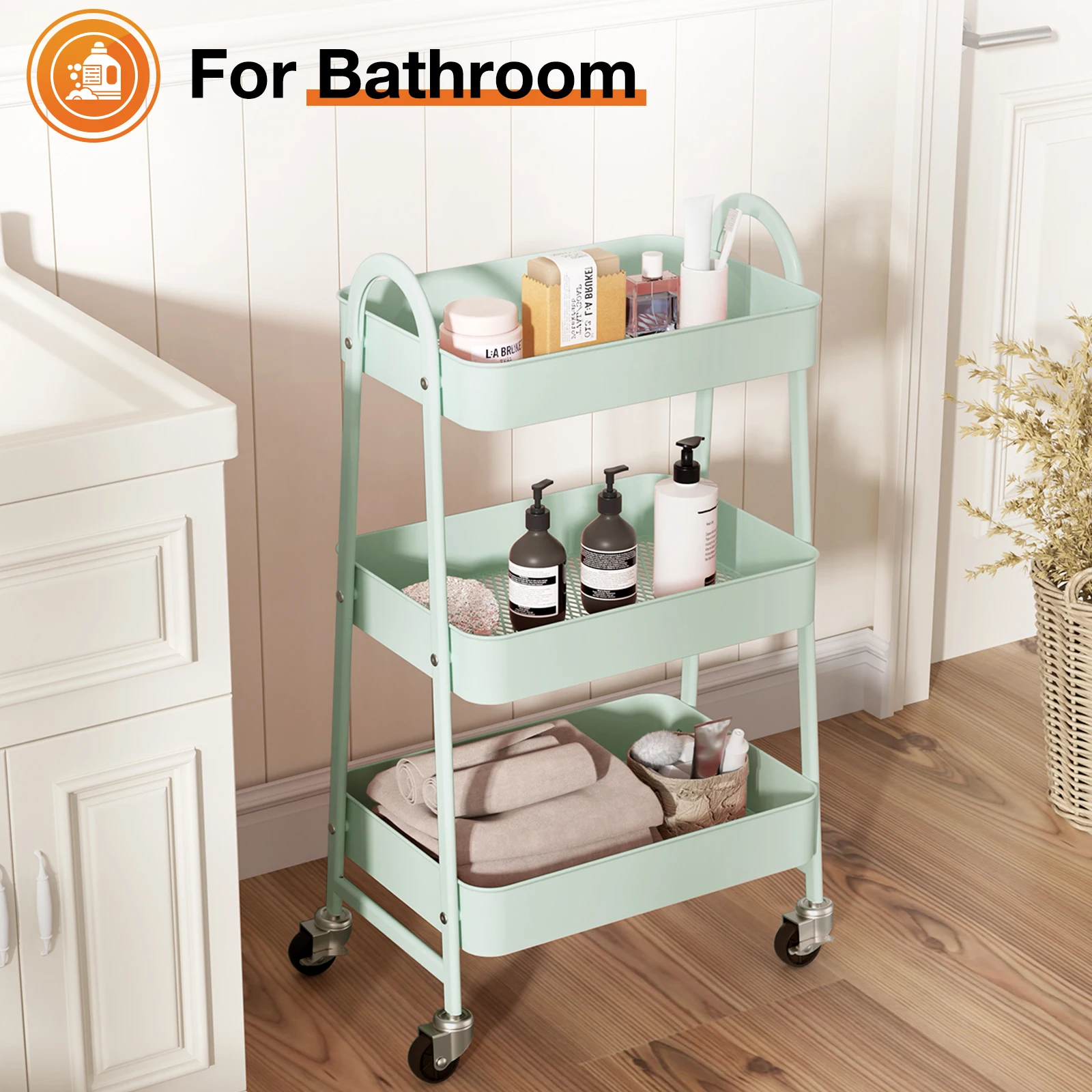 3 Tier Small Rolling Cart, Metal Utility Storage Organizer Kitchen Trolley Bathroom Laundry Room Bar Office Shelves