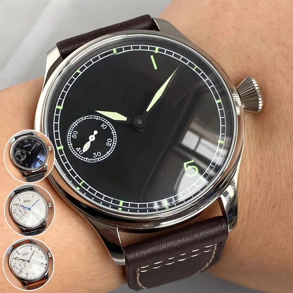 Retro-Uhr für Herren, Asia 6497, Handaufzugswerk, Schwarz, Weiß, mechanisch, Handaufzug, Mineralkristall, 44 mm, transparente Rückseite