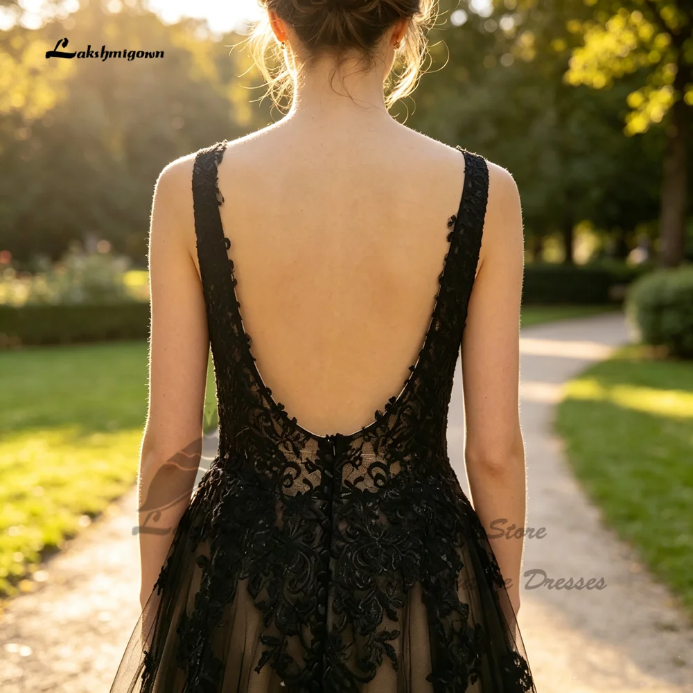 Lakshmigown Gothic Schwarzes Hochzeitskleid Rückenfrei 2026 Vintage Garten Brautkleider Tiefer V-Ausschnitt Vestidos de Novia Maßanfertigung – Detail 4
