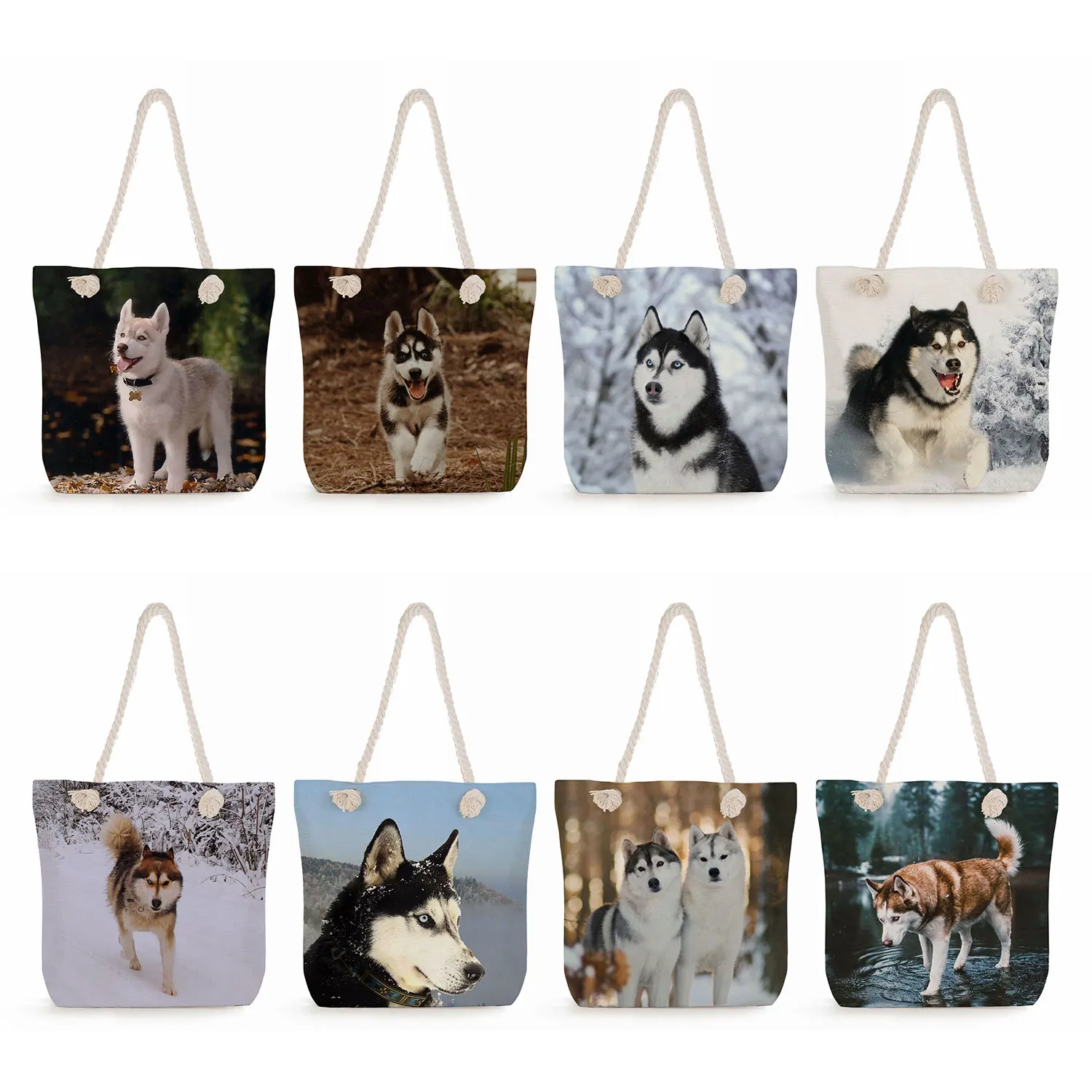 Husky Animal Dog Printed Women's Shoulder Bag Outdoor Large capacity Female Foldable Shopping Bag Beach Travel Portable Handbags