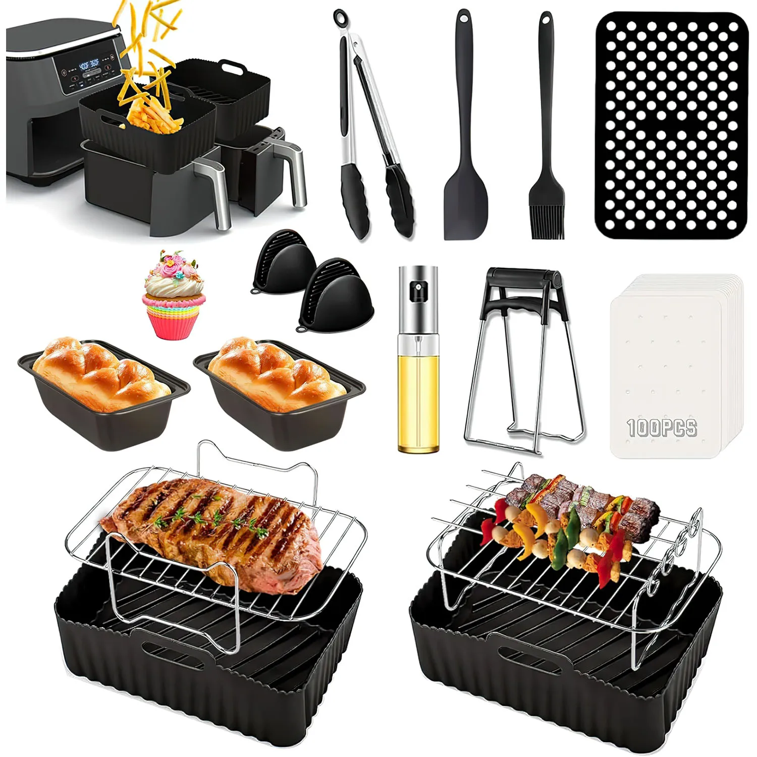 25-teiliges Airfryer Zubehör, kompatibel mit Dual-Zone-Modellen (7,6–9,5 L) – inkl. Silikonformen, Backblech, Rost & antihaftbeschichteter Kuchenform