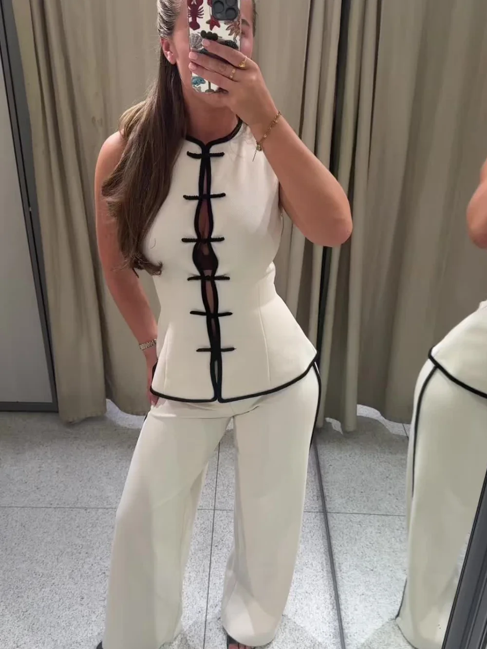 Women Vintage Chinese Knot Sleeveless Vest Pants Set Contrast Trim Top High Waist Straight Pants Retro Casual Matching Sets