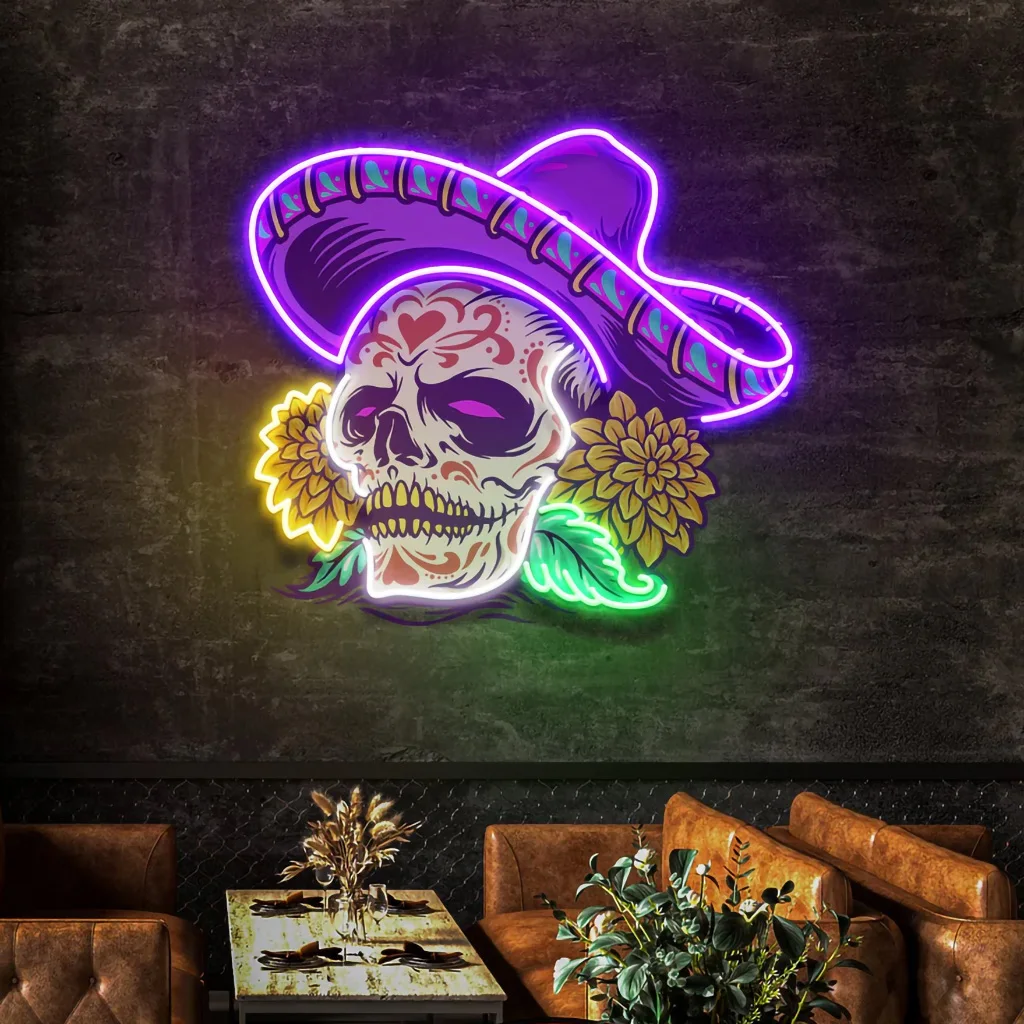 Cowboy Mexican Skull Artwork Neon Sign Pop Art Bar Beer Art Wall Decor Shop Restaurant Home Decor UV Print Skull Dimmable Neon