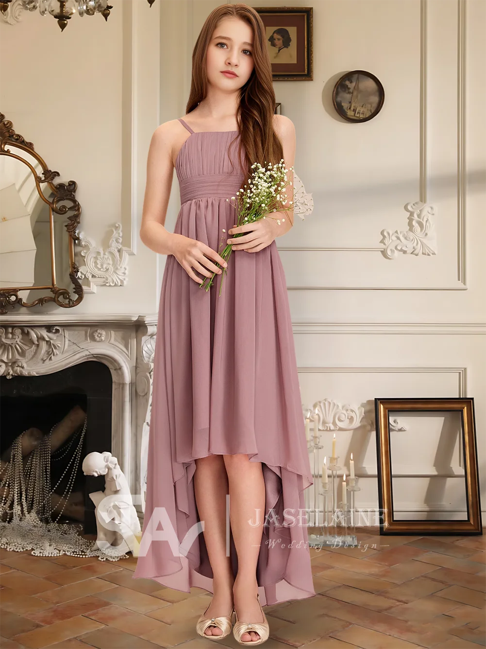 Элегантное квадратное асимметричное шифоновое платье трапециевидной формы для подружек невесты, праздничное платье для девочек, платье с цветочным узором для девочек, детское свадебное торжественное платье