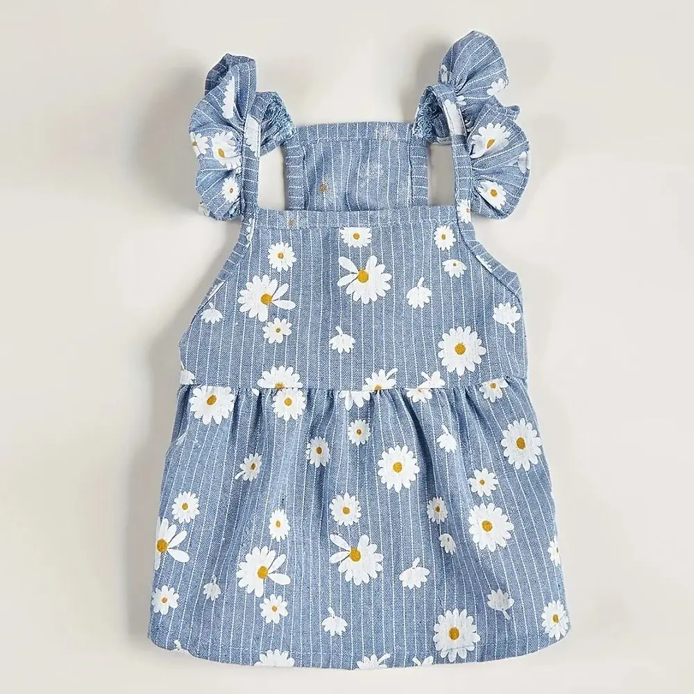 Abito per cani a righe blu con stampa margherita, vestito estivo traspirante per animali domestici con spalline arricciate, grazioso abbigliamento estivo per cani di piccola taglia, gatti, animali domestici