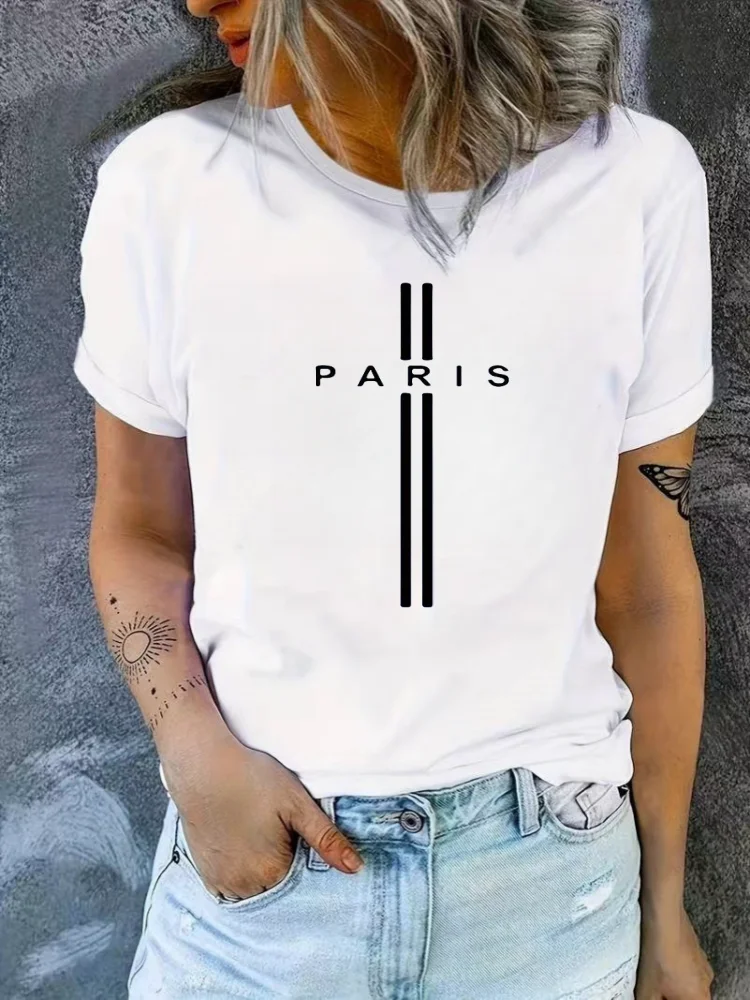 Paris Print Crew Neck T-Shirt Casual Short Sleeve T-Shirt For Spring  Summer Women's Clothing