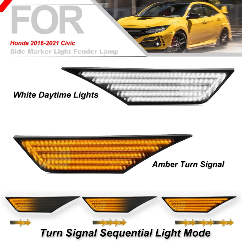 2Pcs For 10th Gen Honda Civic MK10 2016-2021 LED Amber Side Marker Indicator Repeater Light Turn Signal Lamp Blinkers White DRL - view 5
