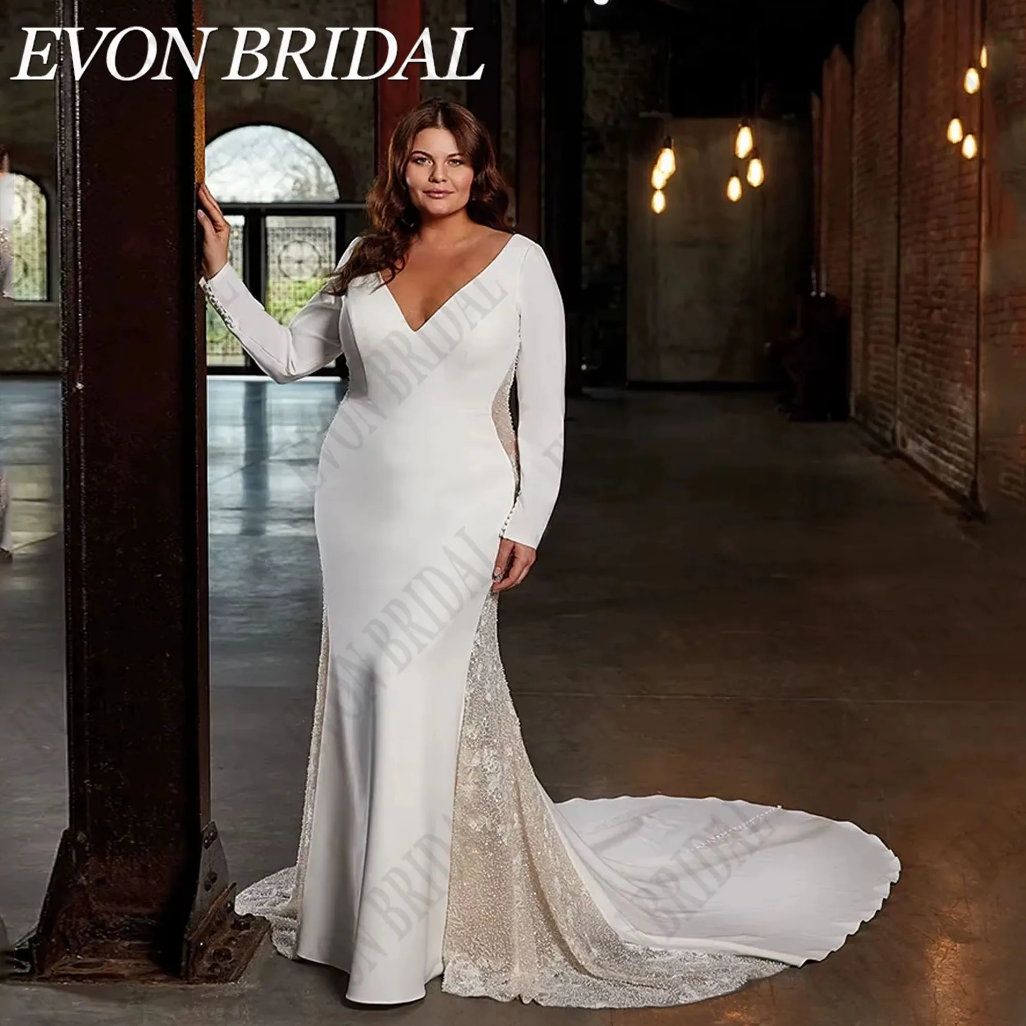 

Mermaid Plus Size Wedding Dress Bride Long Sleeves Satin Sweep Train Vestidos De Novia See Through Backless EVON BRIDAL Customiz