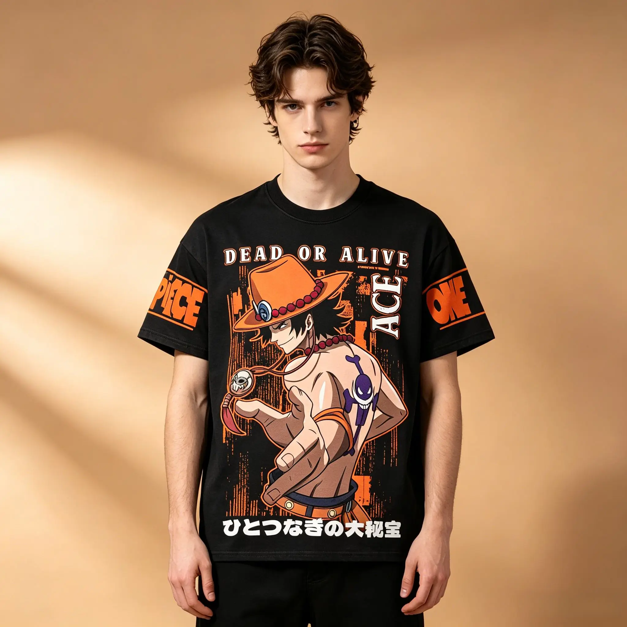 Vintage Anime One Piece Ace Print T-Shirt For Men, Black Base Orange Ace Character Graphic Sleeve Logo Crew Neck Soft Ota