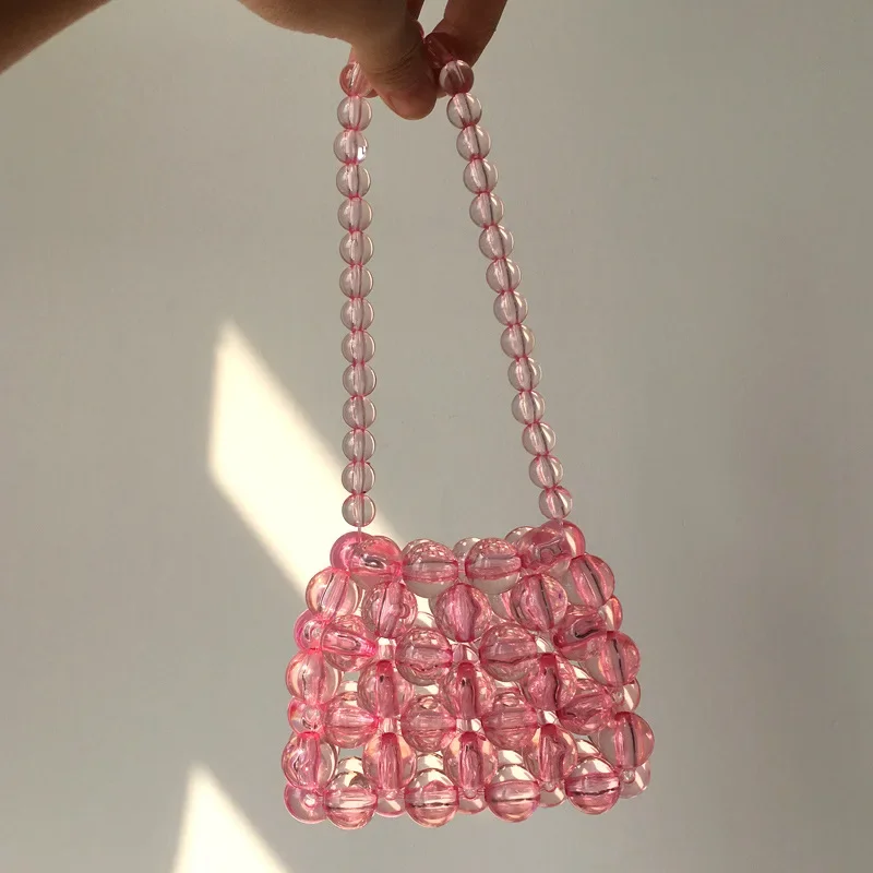 Nowa Mini różowa ręcznie tkana torba z koralikami moda w minimalistycznej damskiej torebce urocza szminka portfel prezent gotowe torby na produkty — zdjęcie 2