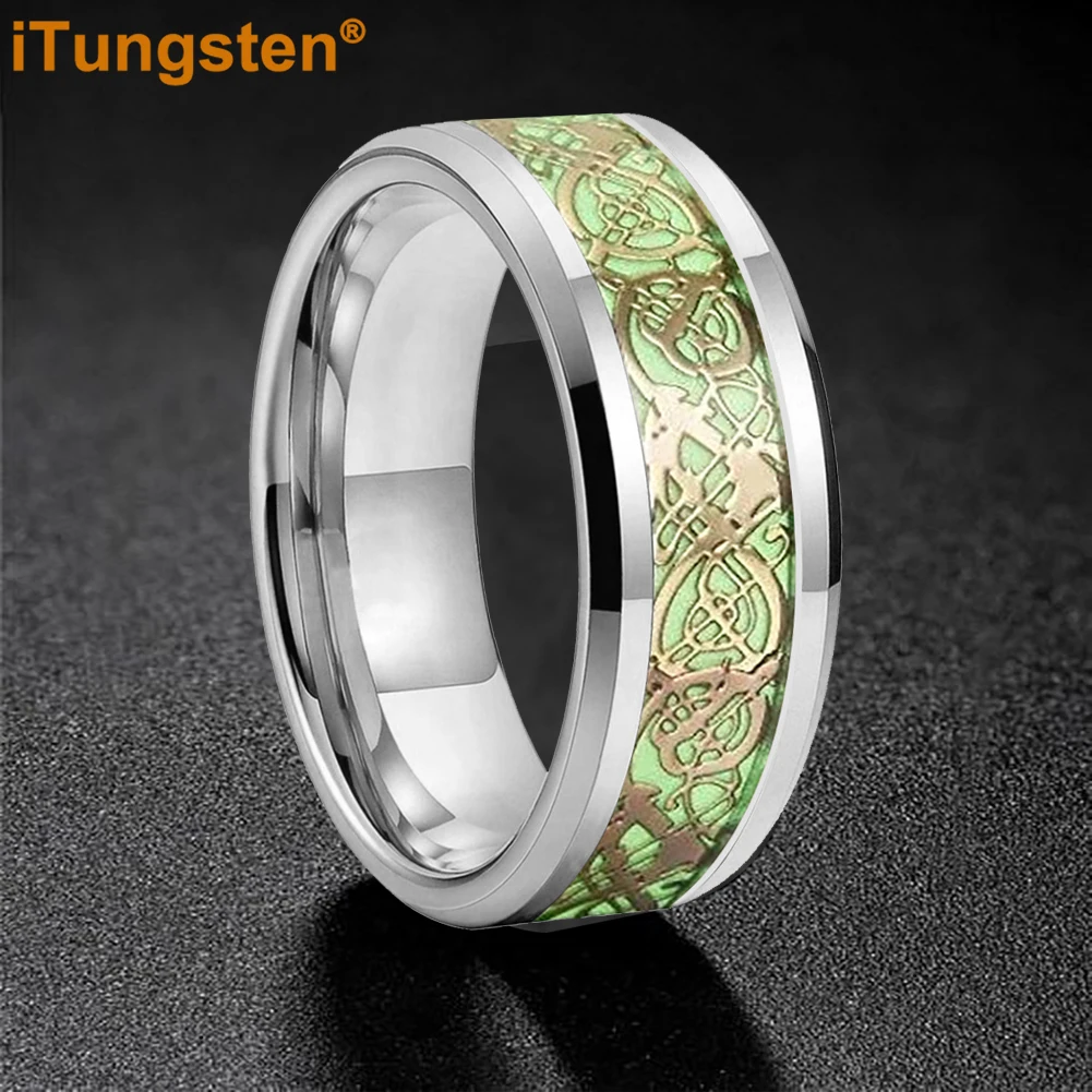 

iTungsten 6/8mmGold Celtic Dragon Luminous Glow Tungsten Carbide Wedding Ring for Men Women Comfortable Fit