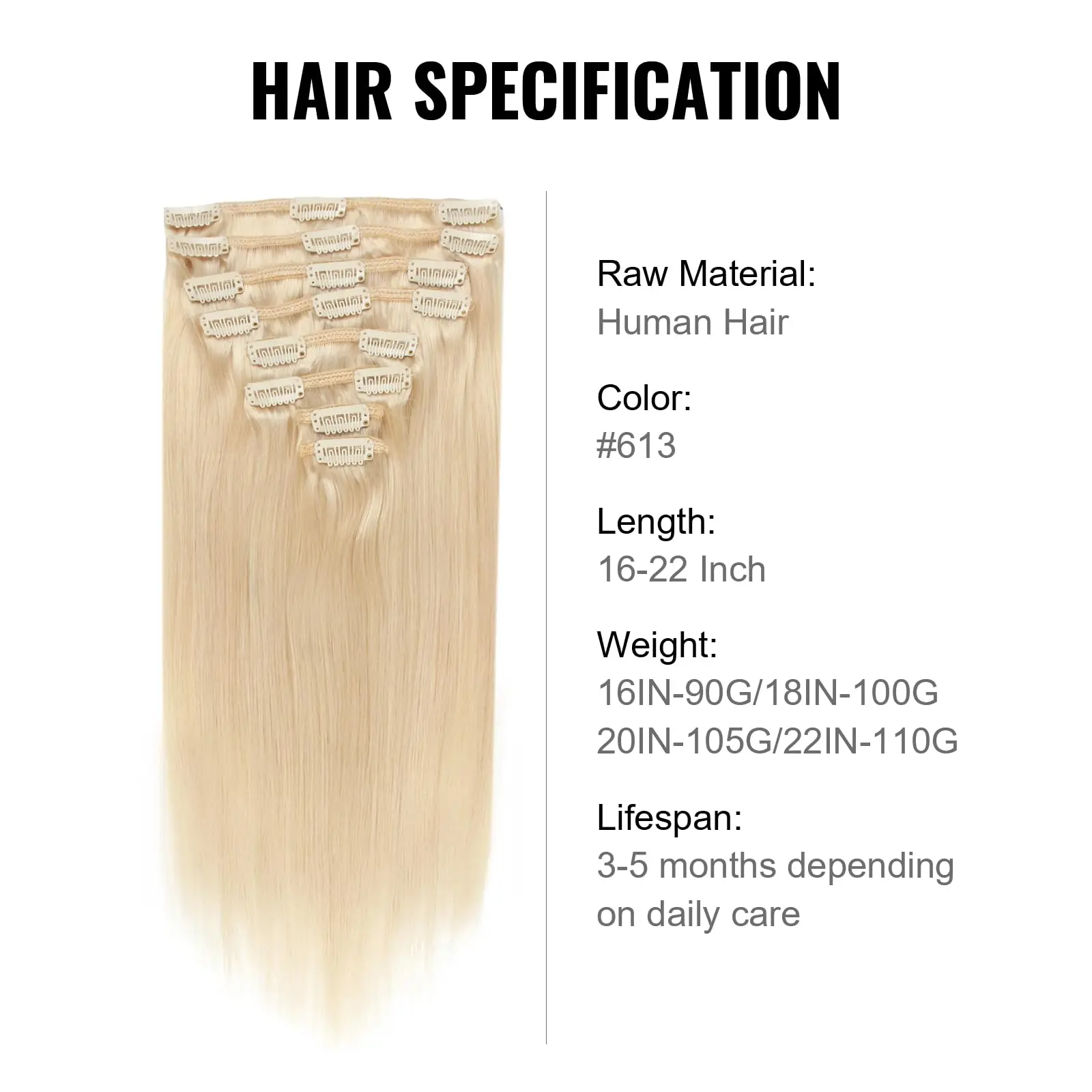 Sixstarhair Fermagli per capelli Estensioni dei capelli umani 8 pezzi 70 g/pacco 14'16' Clip per capelli umani naturali al 100% nell'estensione dei capelli per le donne