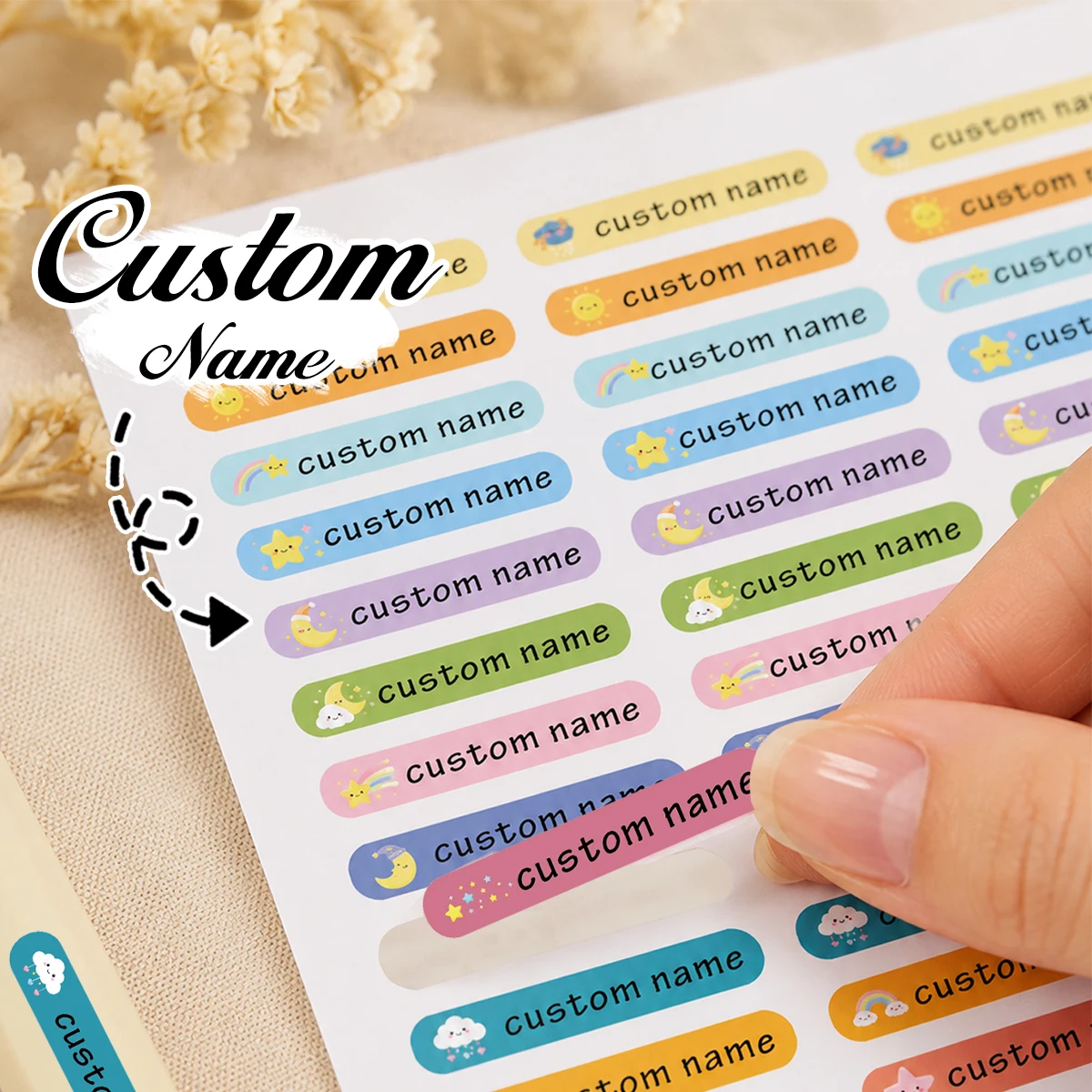Autocollants personnalisés avec nom sur le thème des nuages, étiquettes personnalisées pour stylos, autocollants mignons de dessins animés, étiquettes nominatives personnalisées, cadeau d'anniversaire personnalisable.