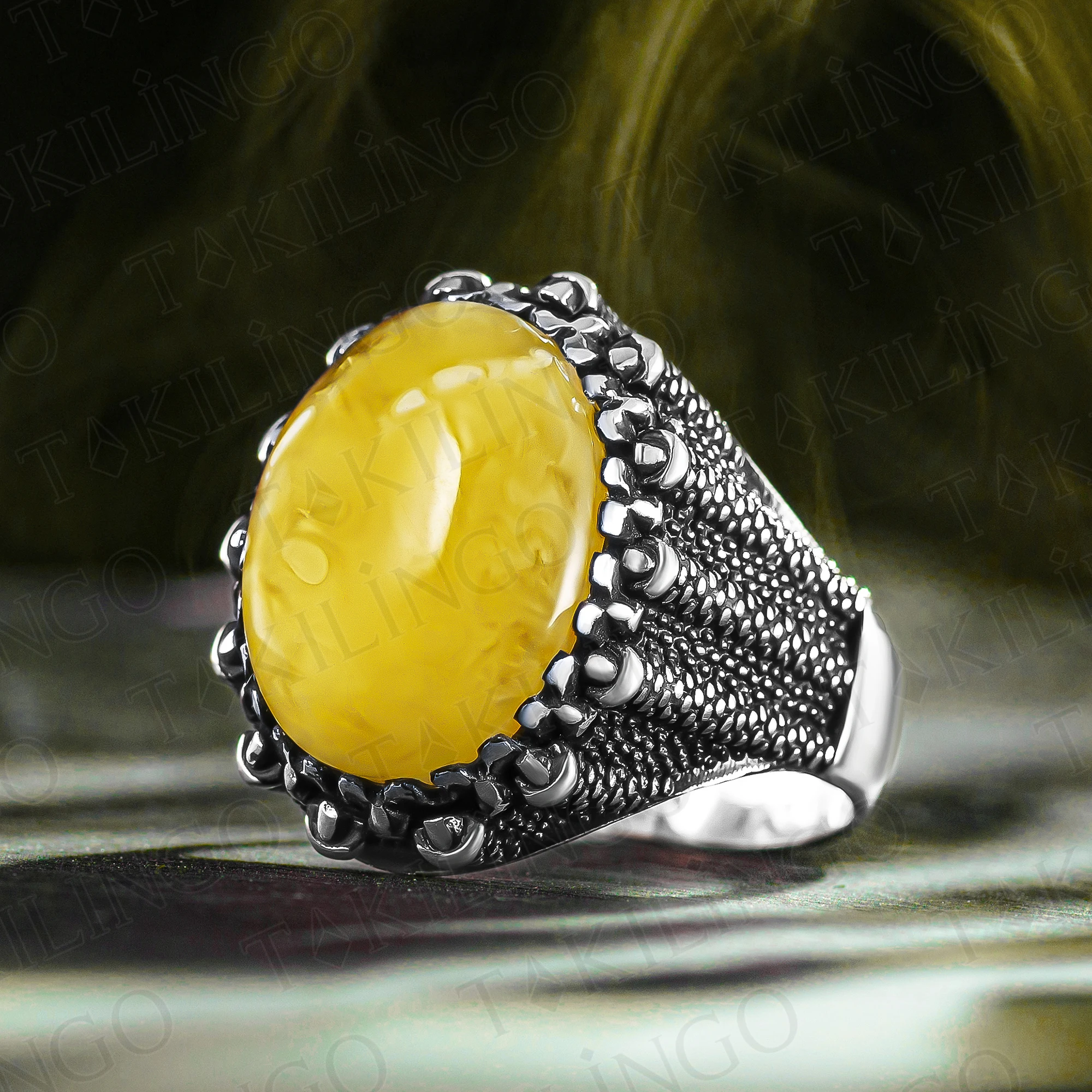 

Men's Silver Ring, Genuine Oval Original Amber Stone Ring, 925 Solid Sterling Silver Claw Design Amber Turkish Handmade Ring,